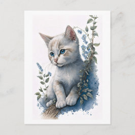 Cute White Kitten-vykort med Blommigt - detaljer Vykort