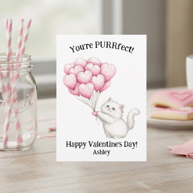 Cute White Kitten You're PURRfect Kids Valentines Anteckningskort (Skapare uppladdad)