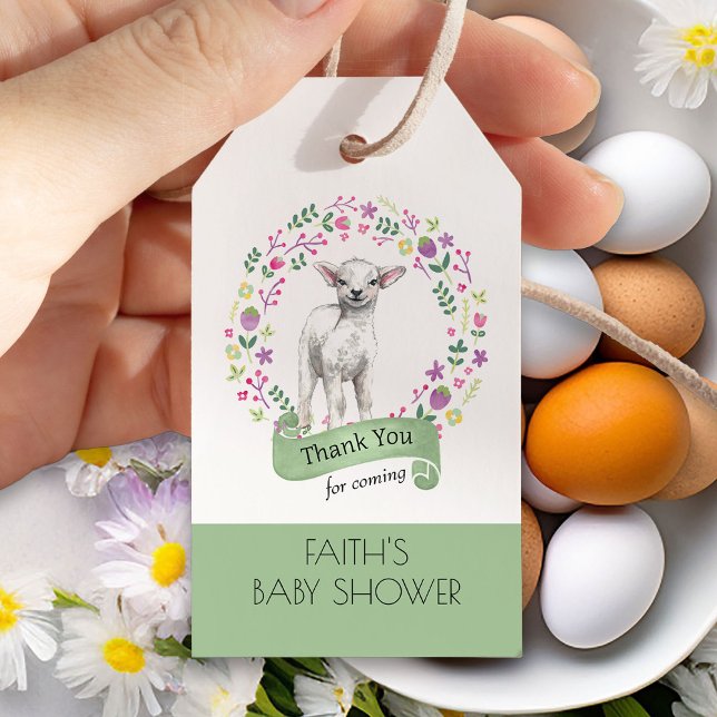 Cute White Lamb i Tacken Söt Flowers Presentetikett (Spring Lamb Favor Tag from my Little Bunny & Little Lamb Baby Shower collection)