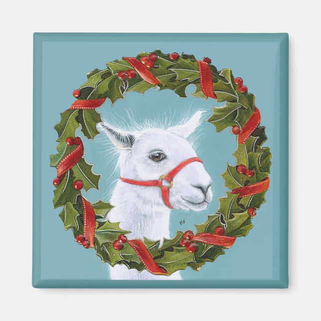 Cute White Llama med julkransmagnet Magnet (Framsidan)