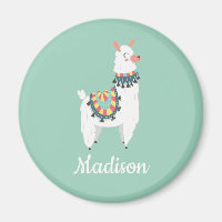 Cute White Llama Mint Grönt Monogram Namn