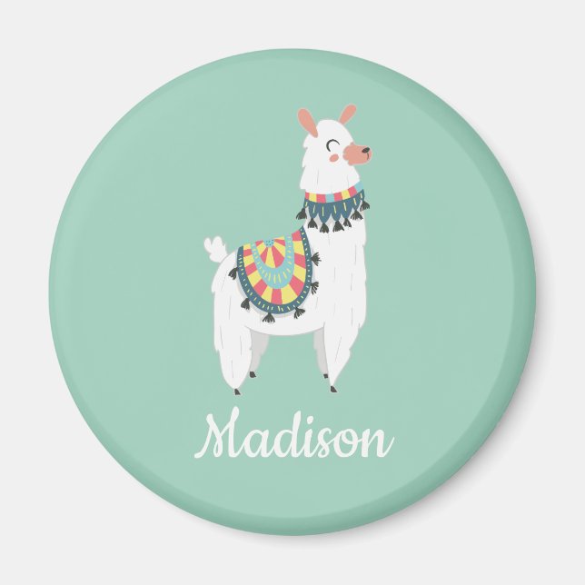 Cute White Llama Mint Grönt Monogram Namn Magnet (Framsidan)