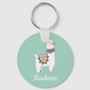 Cute White Llama Mint Grönt Monogram Namn Nyckelring