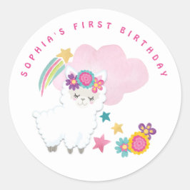 Cute White Llama Namn Första Födelsedagsfest White Runt Klistermärke
