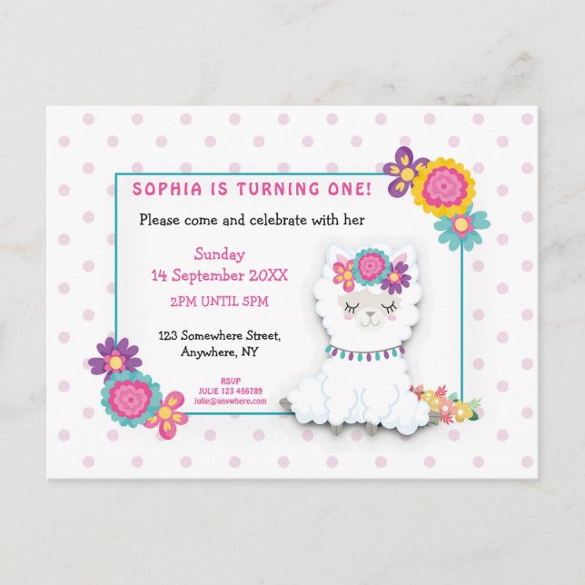 Cute White Llama-prickar första födelsedagsinbjuda Vykort (Framsida)