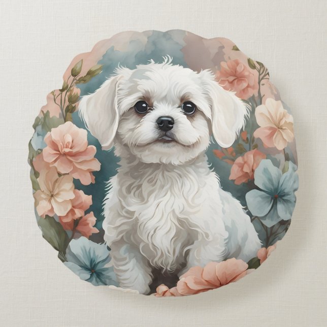 Cute White Maltese Puppy Rund Kudde (Framsidan)