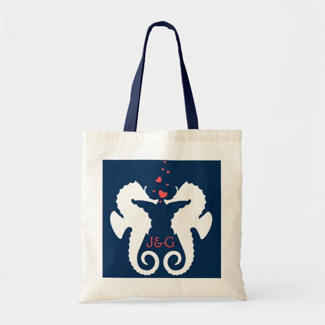 Cute White och Navy Blue Seahorse Tygkasse (Framsidan)