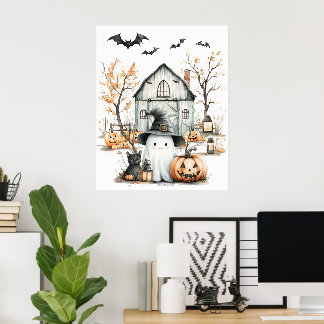 Cute White och Orange Ghost med höststapel Poster