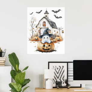 Cute White och Orange Ghost med höststapel Poster