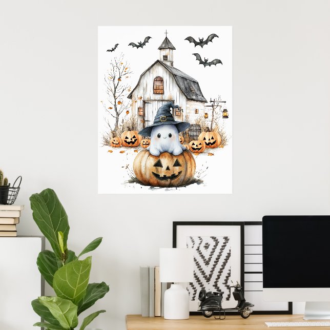 Cute White och Orange Ghost med höststapel Poster (Hemmakontoret)