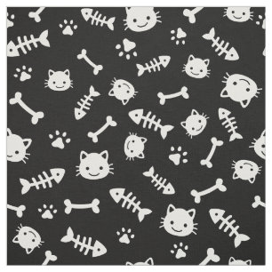 Cute White på Black Cat Bones Fish Tass Mönster Tyg