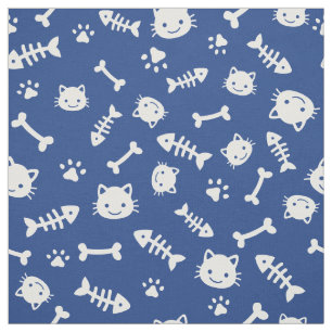 Cute White på Blue Cat Bones Fish Tass Mönster Tyg