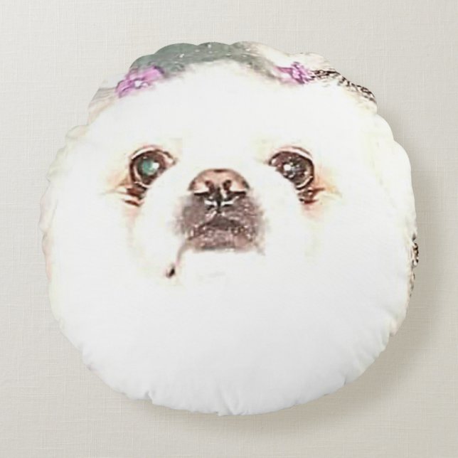 Cute White Pekingese-Hund eller byte till din Hund Rund Kudde (Framsidan)