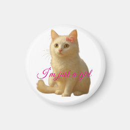 Cute White Persian Cat "I'm Just a Girl" Pink Text Magnet