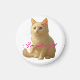 Cute White Persian Cat "I'm Just a Girl" Pink Text Magnet