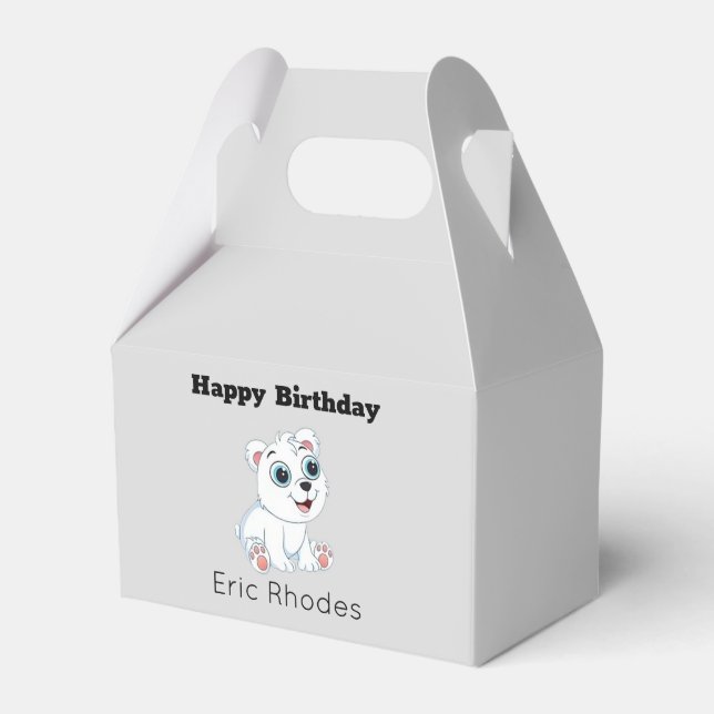 Cute white polar bear on gray birthday presentaskar (Framsidan Sidan)
