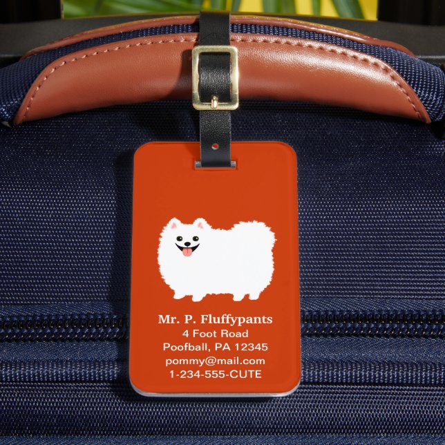 Cute White Pomeranian med Anpassade Text Bagagebricka (Framsida Insitu 2)
