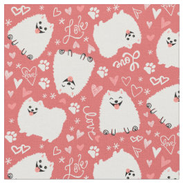 Cute White Pomeranians Mönster med Hearts Rosa Tyg