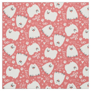 Cute White Pomeranians Mönster med Hearts Rosa Tyg