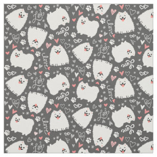 Cute White Pomeranians Mönster med öron Tyg