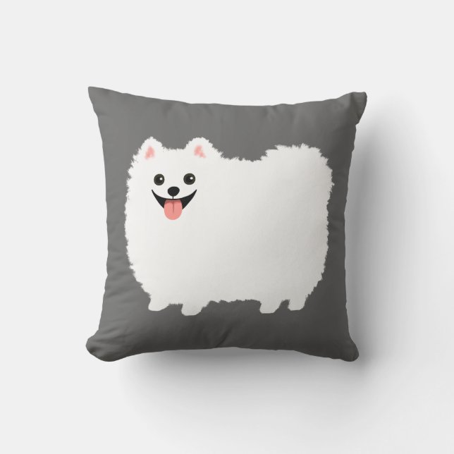 Cute White Pommern Fluffy Lycklig Hund Kudde (Framsida)