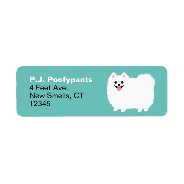 Cute White Pommern Tecknad hund Returadress Etikett (Framsidan)
