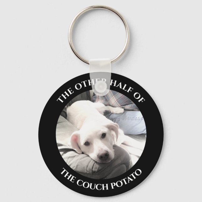 Cute White Puppy Hund Couch Potato med Pappa Black Nyckelring (Framsida)
