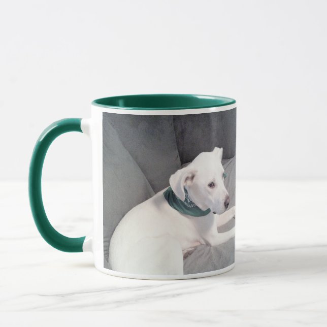 Cute White Puppy Hund Grönt Scarf Grått Mugg (Vänster)
