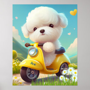Cute White Puppy Hund som kör en gult Scoper Art Poster