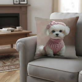 Cute White Puppy i Rosa Sweater & Hat Kudde