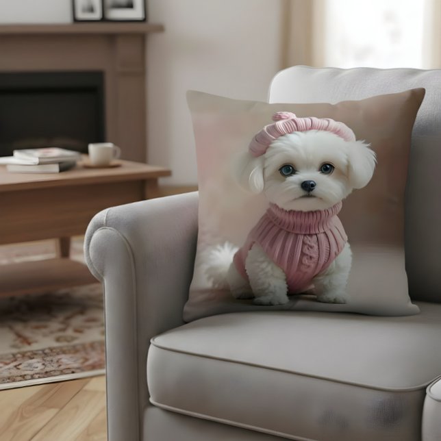 Cute White Puppy i Rosa Sweater & Hat Kudde (Skapare uppladdad)