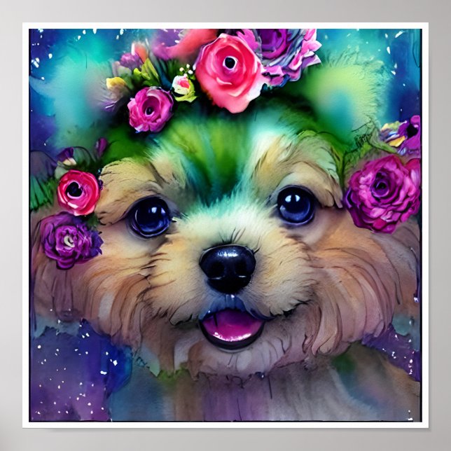 Cute White Puppy med Flowers i huvud Poster (Framsidan)