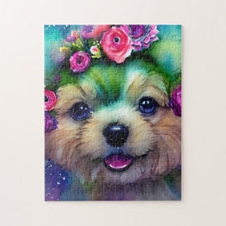 Cute White Puppy med Flowers i huvud Pussel