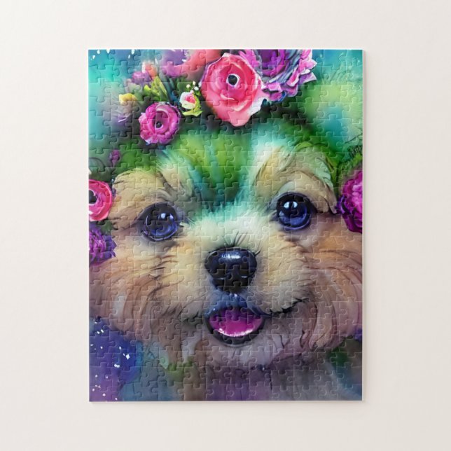 Cute White Puppy med Flowers i huvud Pussel (Vertikal)