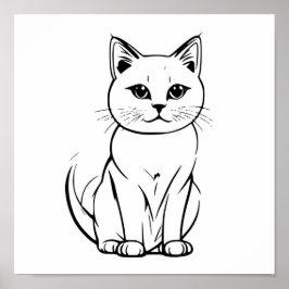 Cute White Pussy Cat Line Art Teckning Poster