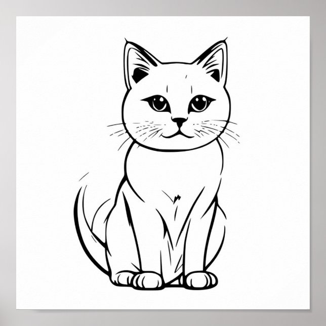 Cute White Pussy Cat Line Art Teckning Poster (Framsidan)