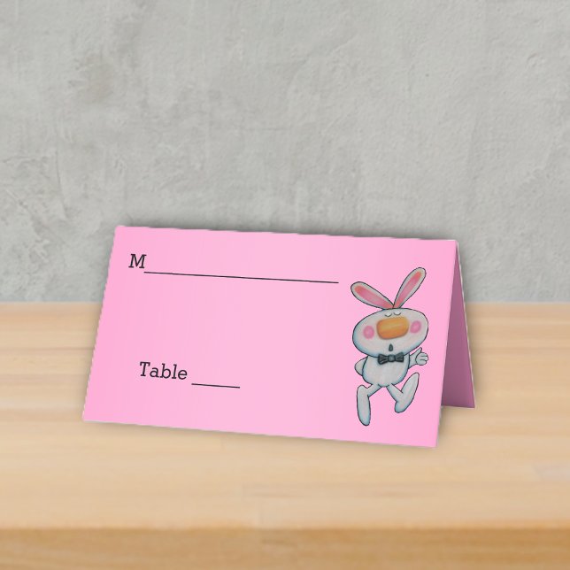 Cute White Rabbit Thumbs Up Bow Tie Rosa Placeringskort (cute white bunny bow tie thumbs up sign on hot pink table standing place card.)