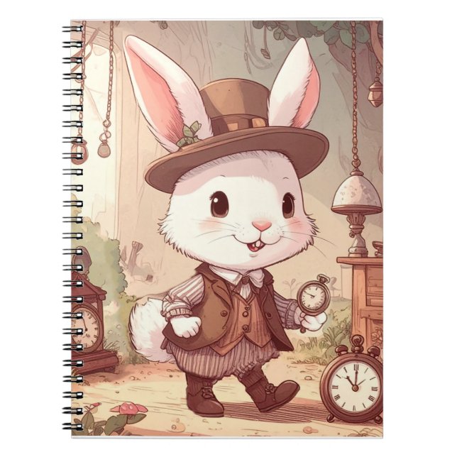 Cute White Rabbit Wonderland Whimsical Timekeeper Anteckningsbok (Framsidan)