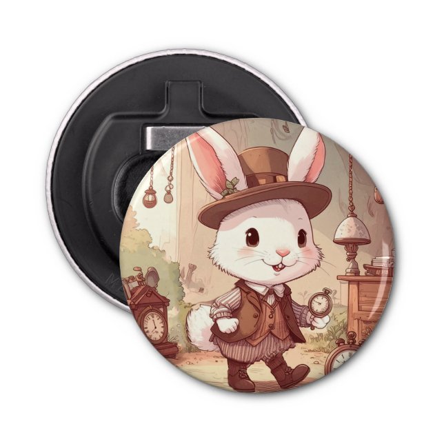 Cute White Rabbit Wonderland Whimsical Timekeeper Flasköppnare (Framsidan)