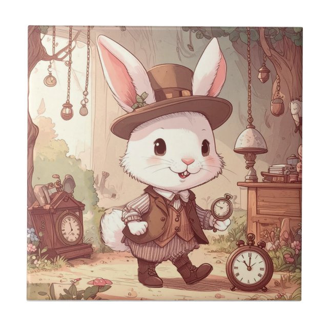 Cute White Rabbit Wonderland Whimsical Timekeeper Kakelplatta (Framsidan)