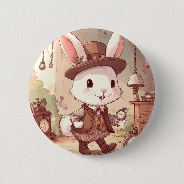 Cute White Rabbit Wonderland Whimsical Timekeeper Knapp (Framsida)