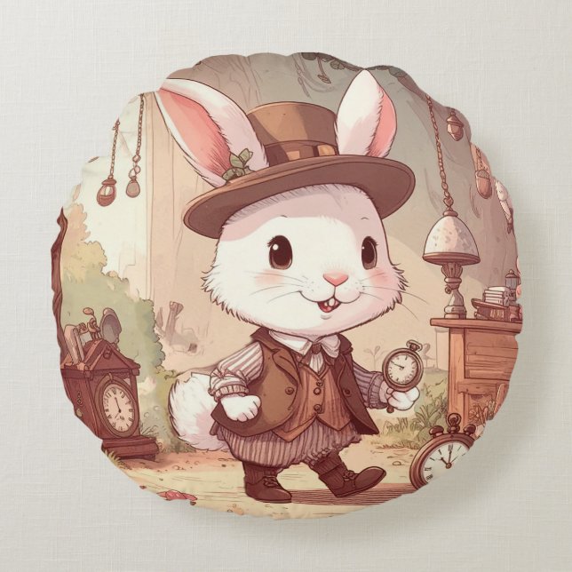 Cute White Rabbit Wonderland Whimsical Timekeeper Rund Kudde (Framsidan)