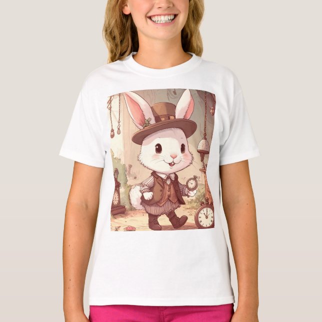 Cute White Rabbit Wonderland Whimsical Timekeeper T Shirt (Framsida)