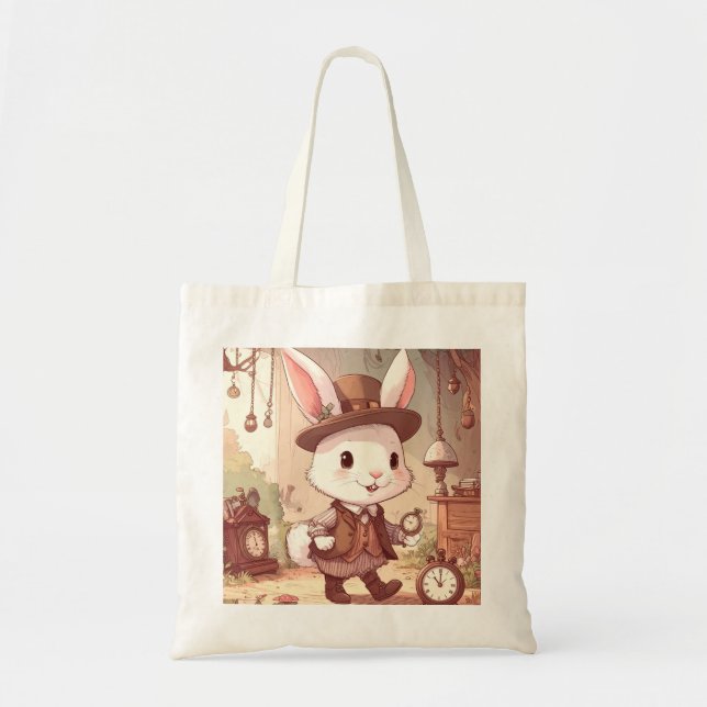 Cute White Rabbit Wonderland Whimsical Timekeeper Tygkasse (Framsidan)