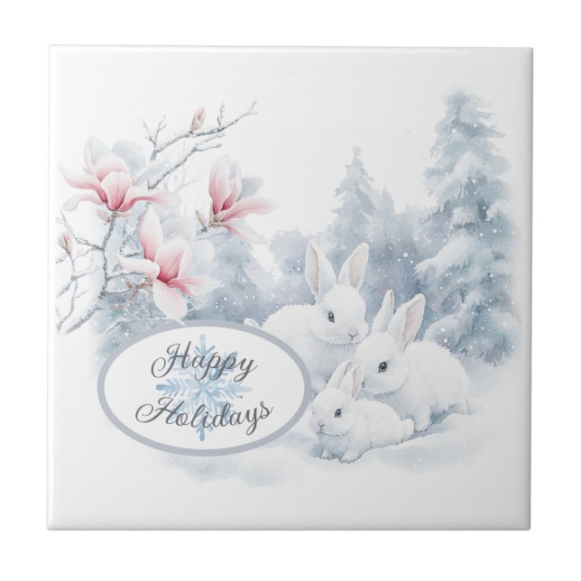 Cute White Rabbits i Snö Winter Helgdag Kakelplatta (Framsidan)