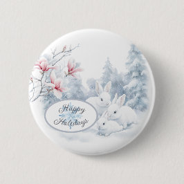 Cute White Rabbits i Snö Winter Helgdag Knapp