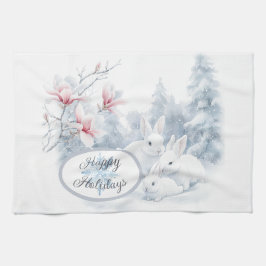 Cute White Rabbits i Snö Winter Helgdag Kökshandduk