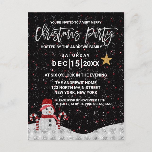 Cute White Red Snögubbe Night Himlar Glitter jul Helg Vykort (Framsida)