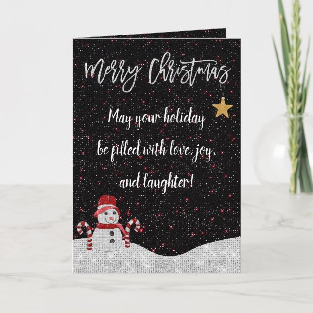 Cute White Red Snögubbe Night Himlar Glitter jul Kort (Framsida)