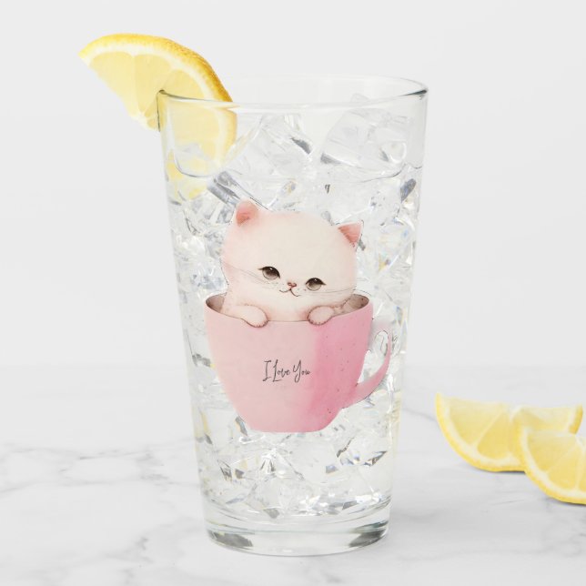 Cute White Rosa Cat i Tea Kopp (Framsida Ice)